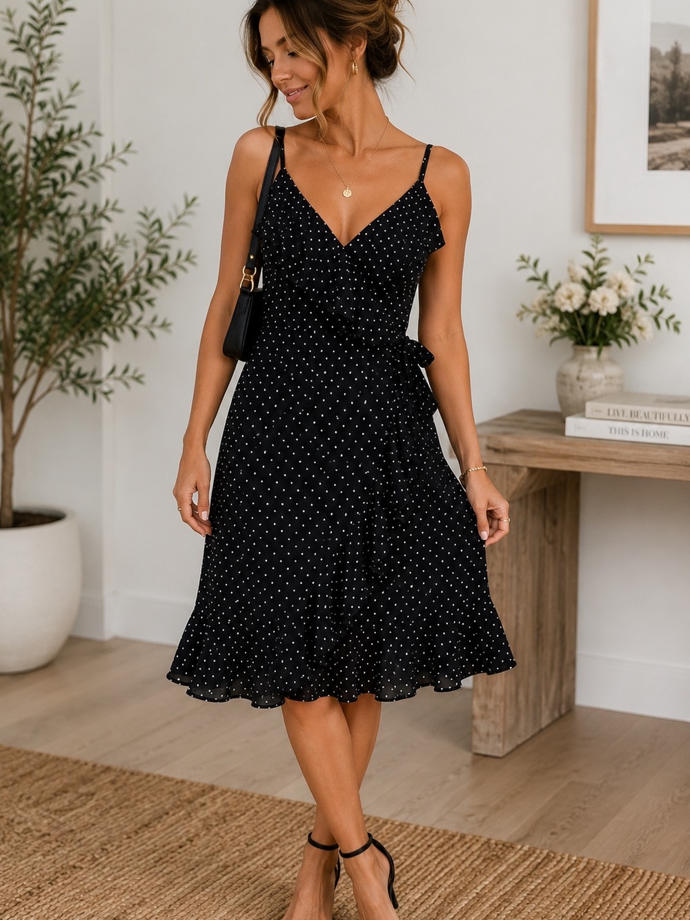 Banana Republic Black White Polka Dot Ruffle Wrap Dress Size 10 Midi Flounce - Picture 4 of 8